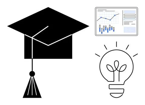 Graduation cap emphasizing education, chart with graphs representing data ana Stock Illustration