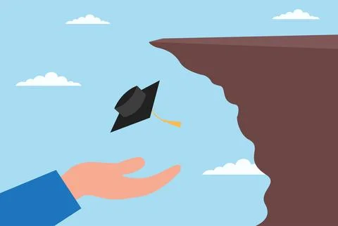 A graduation cap falling from a cliff, with a protect of a hand Stock-Illustration