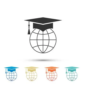 Graduation cap on globe icon isolated on white background. World education Stockillustratie