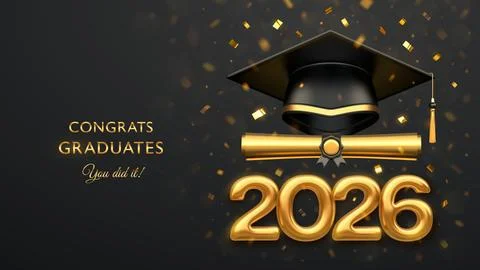 Graduation cap, gold diploma scroll, golden 3D number 2026 with confetti on.. Stock Illustration