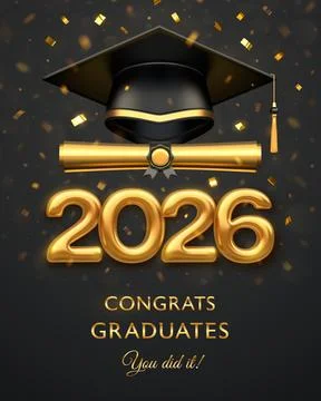 Graduation cap, gold diploma scroll, golden 3D number 2026 with confetti on.. Stock Illustration