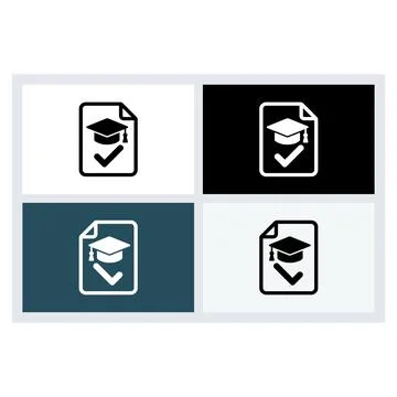 Graduation cap icon on a document page with a check mark symbol Stock Illustration