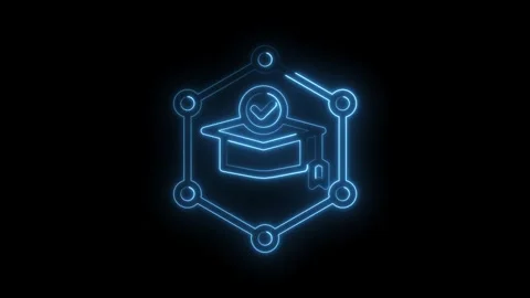 Graduation cap icon glows with check mark in digital network on black backg.. Stock Footage 346007574