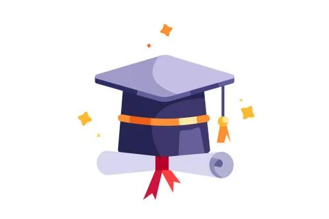 Graduation cap icon with scroll in flat style. Stock Illustration