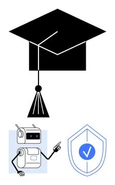 Graduation cap interactive robot, and shield with checkmark. Ideal for educat Illustrazione stock