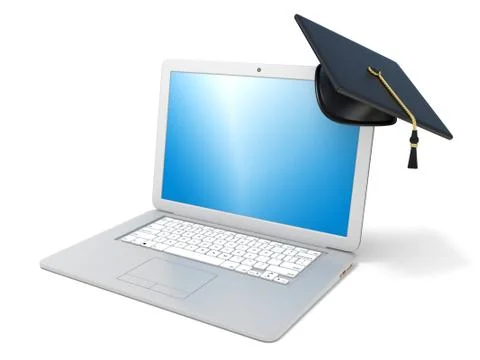 Graduation cap on laptop. E-learning concept. 3D Stock Illustration