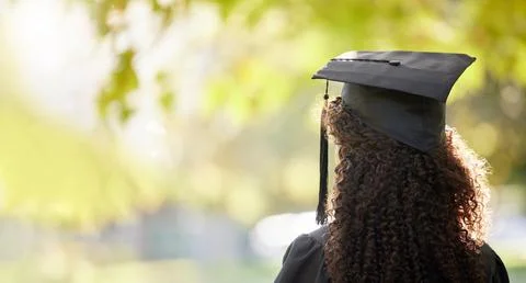 Graduation cap, mockup and black woman thinking future, education and college Stock Photos