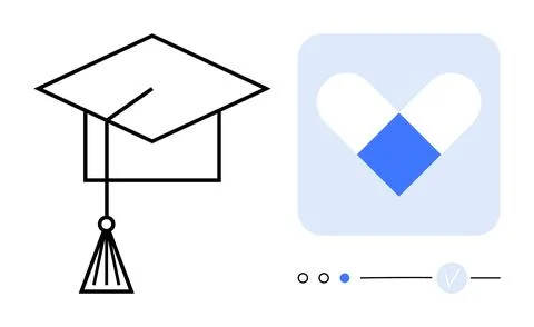 Graduation cap next to a heart-shaped graphic with a blue section. Ideal for  Stock Illustration