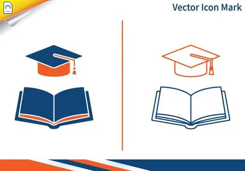 Graduation cap on open book with academic symbols. Stock Illustration
