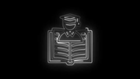 Graduation cap on open book glowing neon outline symbol education knowledge Stock Footage 333957147