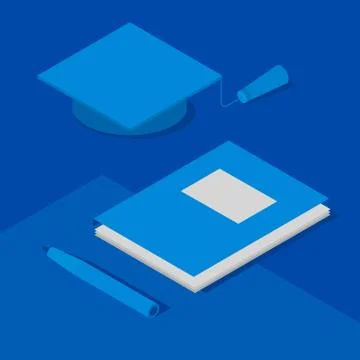 Graduation cap, papers in folder and pen. Isometric 3D. Stock Illustration