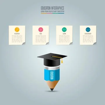 Graduation cap, pencil and note pad with timeline infographic. Stock Illustration