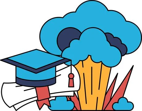 A graduation cap is on a piece of paper with a cloud in the background Stock Illustration