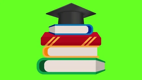 Graduation cap resting on a stack of colorful books against a green background Stock Footage 346086061