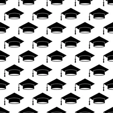 Graduation cap seamless pattern. Grad ceremony backdrop. Vector template for  Stock Illustration