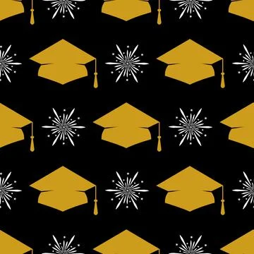 Graduation cap seamless pattern. Grad ceremony backdrop. Vector template for  Stock Illustration