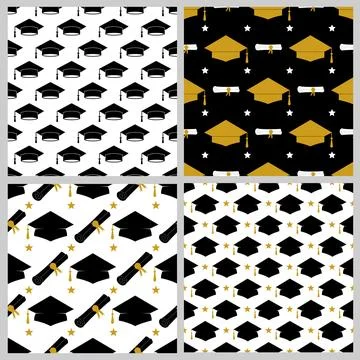 Graduation cap seamless pattern. Set of 4. grad ceremony backdrop. Vector t.. Stock Illustration