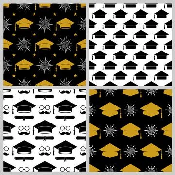 Graduation cap seamless pattern. Set of 4. grad ceremony backdrop. Vector t.. 스톡 일러스트