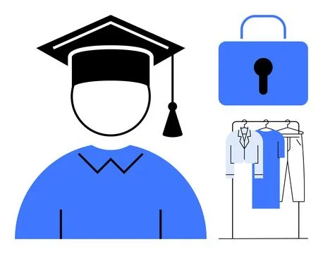 Graduation Cap, Security Lock, and Clothing Rack Illustration Stock Illustration