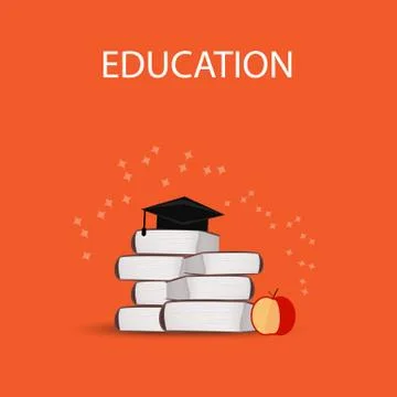 Graduation cap on stack of books. College, university education concept. Stock Illustration