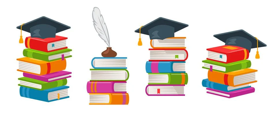 Graduation cap on stack of books. School, college symbol. Higher education or Stock Illustration