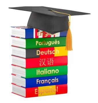 Graduation cap on stack of language textbooks labeled English, Portugues, D.. Stock Illustration