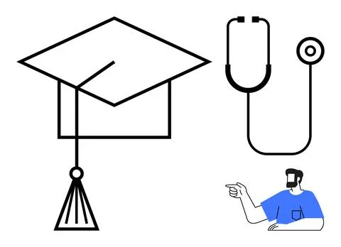 Graduation Cap, Stethoscope, and Pointing Person Education and Medical Fields Stock Illustration