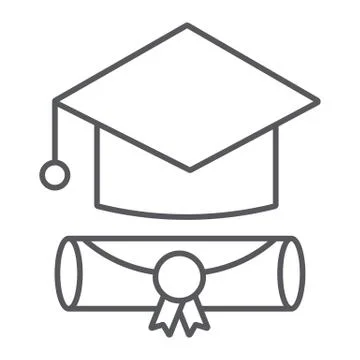Graduation cap thin line icon, graduate and knowledge, academic hat sign, vector Stock Illustration