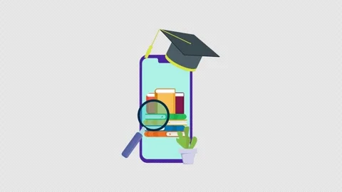 A graduation cap on top of a cell phone book with a magnifying glass mobile.. Stock Footage 266012129