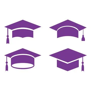 Graduation caps icon set. Purple caps collection for graduation symbol. Stock Illustration