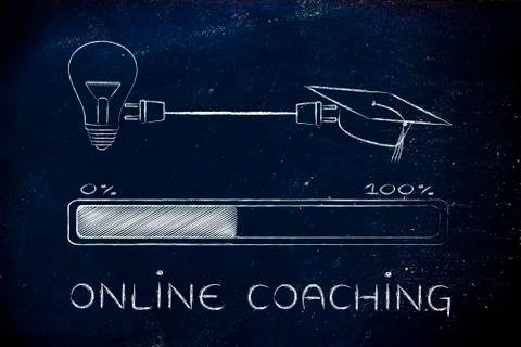 Graduation caps &amp; lightbulb connected by plug, online coaching Illustrazione stock