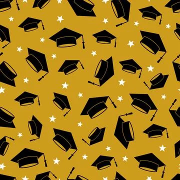 Graduation caps seamless pattern. Academic hats thrown up. Grad ceremony ba.. Stock Illustration