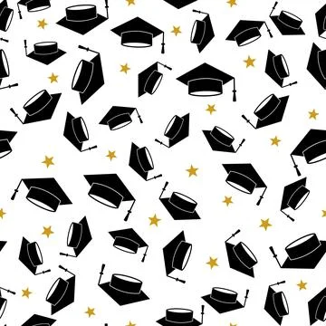 Graduation caps seamless pattern. Hats thrown up. Grad ceremony backdrop. V.. Stock Illustration