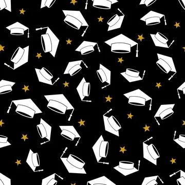 Graduation caps seamless pattern. Hats thrown up. Grad ceremony backdrop. V.. Stock Illustration