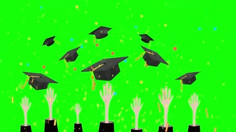 Graduation caps thrown into the air by students against a green screen Stock Footage 338368965