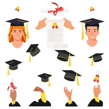 Graduation celebration elements including caps, diplomas, and graduate illu.. Stock Illustration