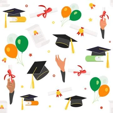 Graduation celebration pattern with caps, diplomas, balloons, ribbons, and .. Stock Illustration