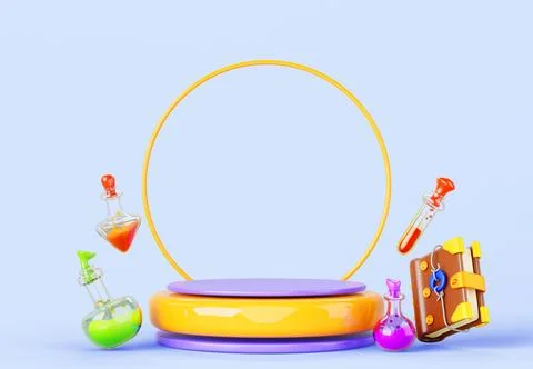 Graduation ceremony in magic school 3d render. Award podium with gold frame Stock-Illustration
