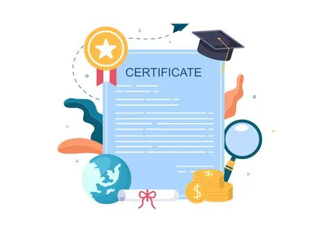 Graduation Certificate Document Icon with License badge, Diploma. Hat and Med Illustration