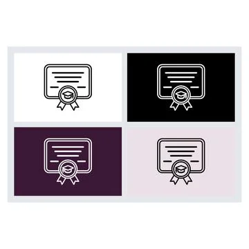 Graduation certificate icon with a mortarboard cap and ribbon seal in outli.. Stock Illustration
