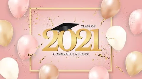 Graduation class of 2021 with graduation cap hat and confetti. Vector Illustr Stock Illustration