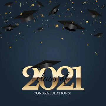 Graduation class of 2021 with graduation cap hat and confetti. Vector Stock Illustration
