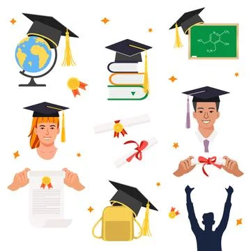 Graduation concept featuring caps, diplomas, globe, books, and diverse happ.. Stock Illustration