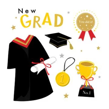Graduation Day Vector Icon, set of Celebration Elements in Flat Design. Illustrazione stock