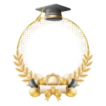 Graduation Emblem Frame with Laurel Wreath, Diploma, Stars, and Cap, Polish.. Stock Illustration