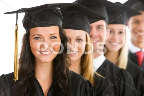 Graduation: female graduate leads line of students Stock Photos