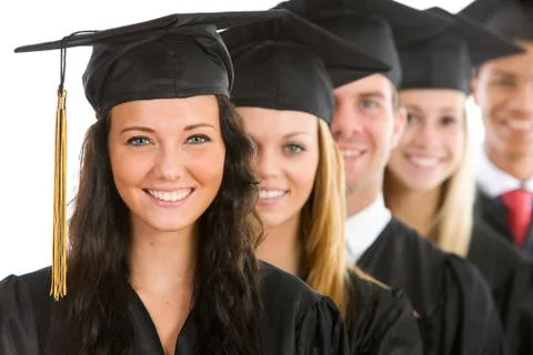 Graduation: female graduate leads line of students Stock Photos