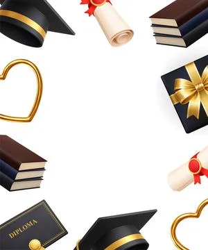 Graduation frame with diploma, graduation cap, books, diploma certificate and Stock Illustration