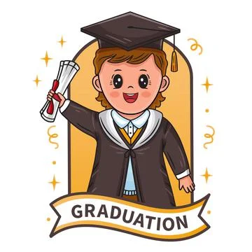 Graduation. Happy graduating boy with diploma finish study. Vector sign Stock Illustration
