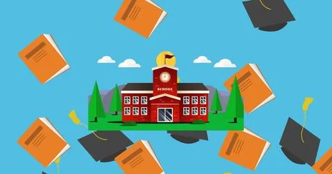 Graduation hat and book icons falling over school building icon against blue Ilustración de archivo
